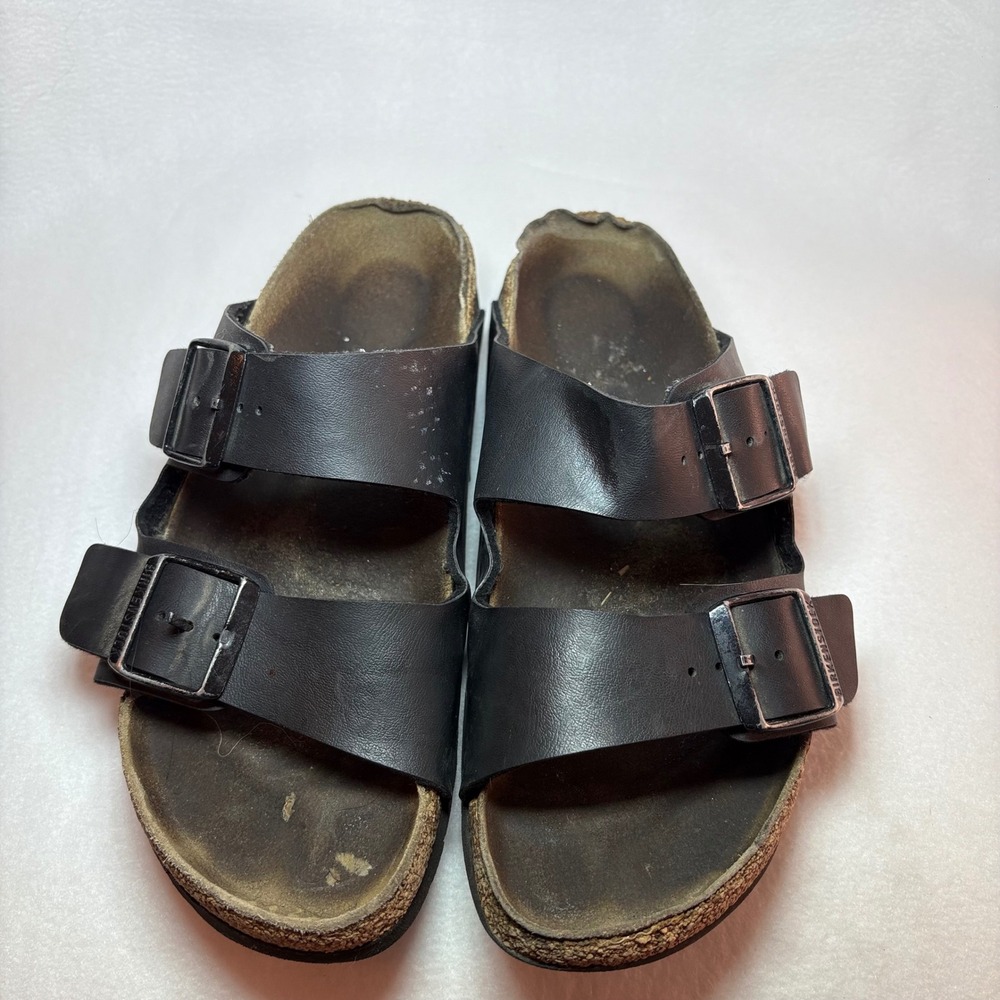 Birkenstock Arizona Black Two Strap Buckle Slide Sandals Cork Footbed